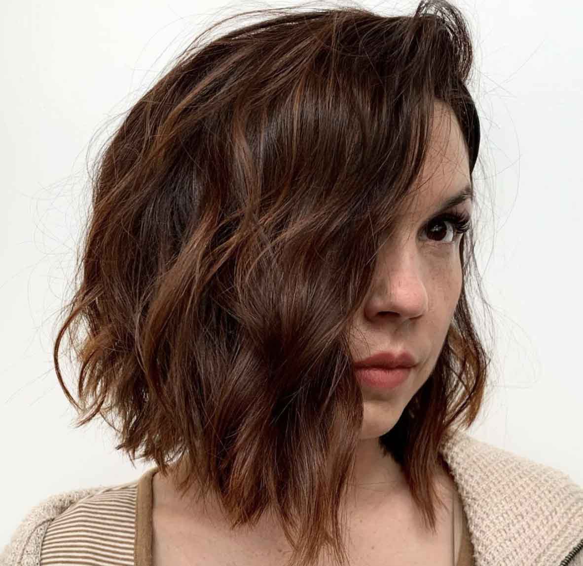 Angled Asymmetrical Lob shoulder length hairstyle for women