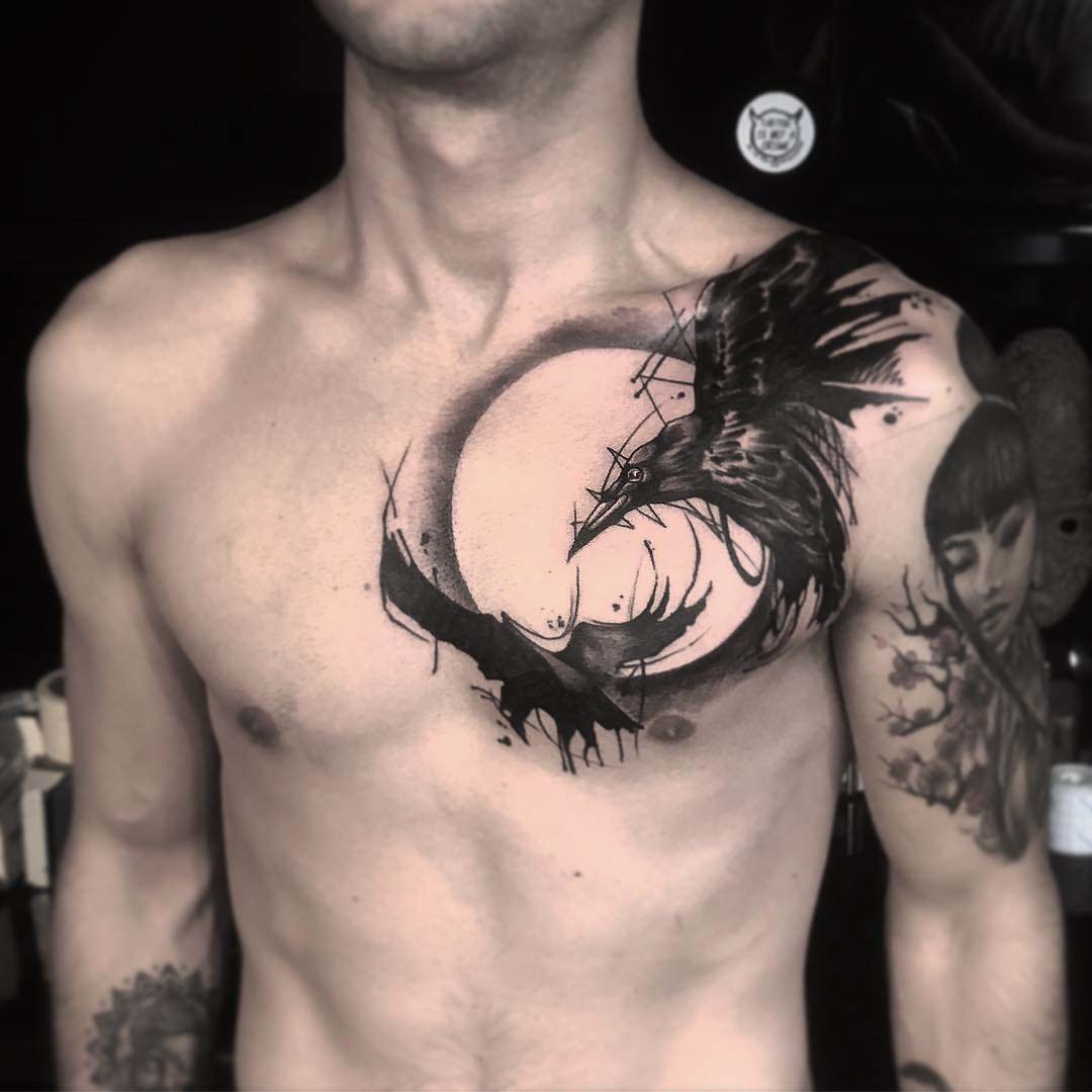 Moon-Ravens-Chest Tattoos for men