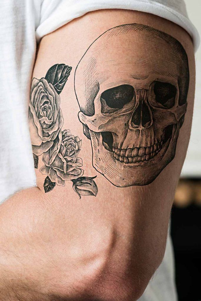 rose tattoos-for-men-black-and-grey-rose-skull