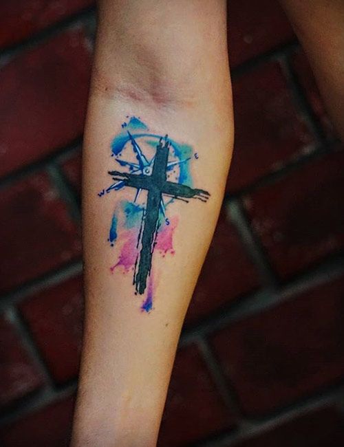 water color cross tattoo for men