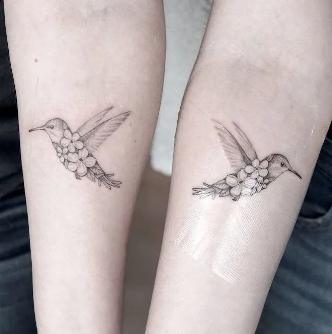 Floral-hummingbird-Mother Daughter Tattoos