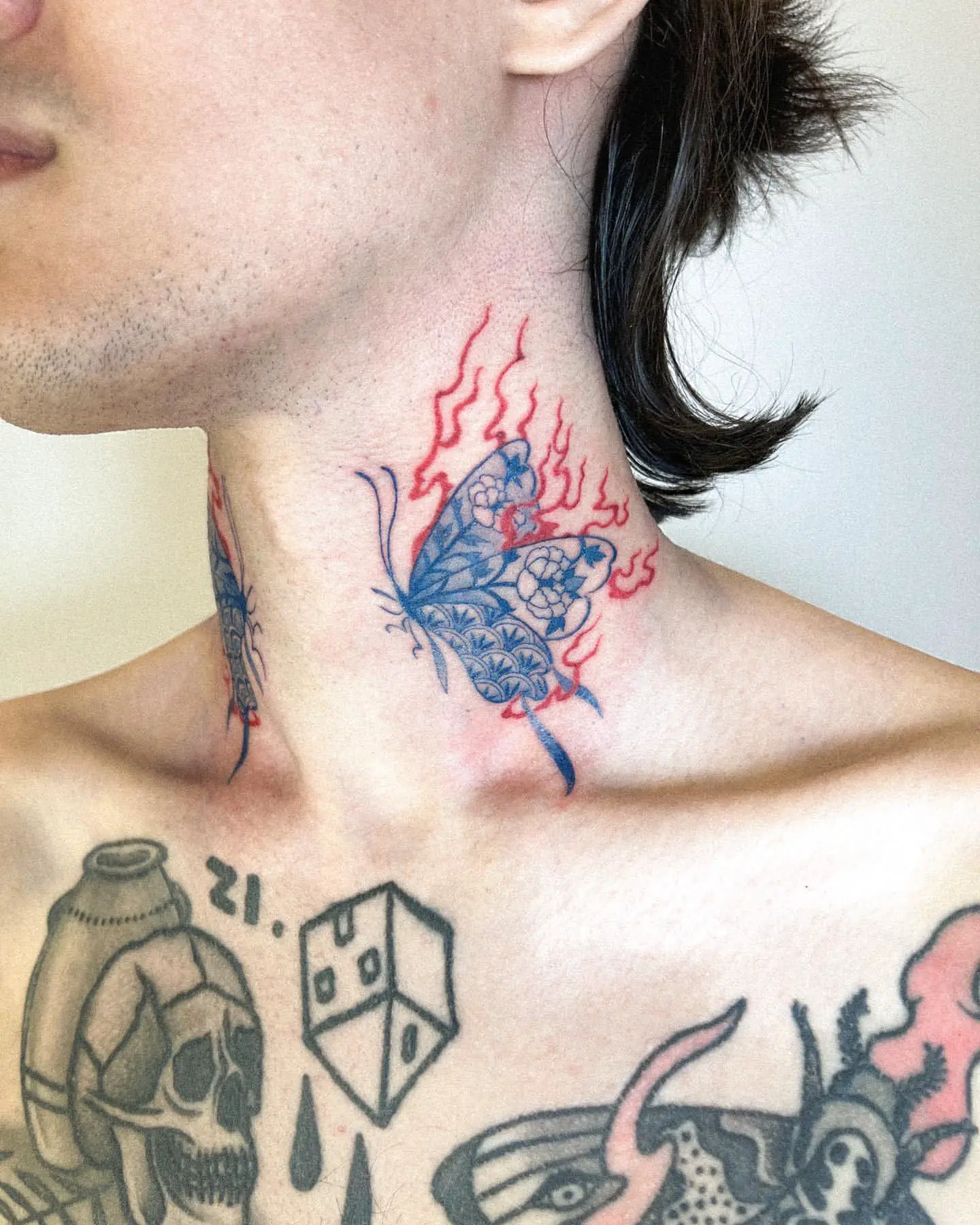 Custom Blue Butterfly Neck Tattoo With Flames